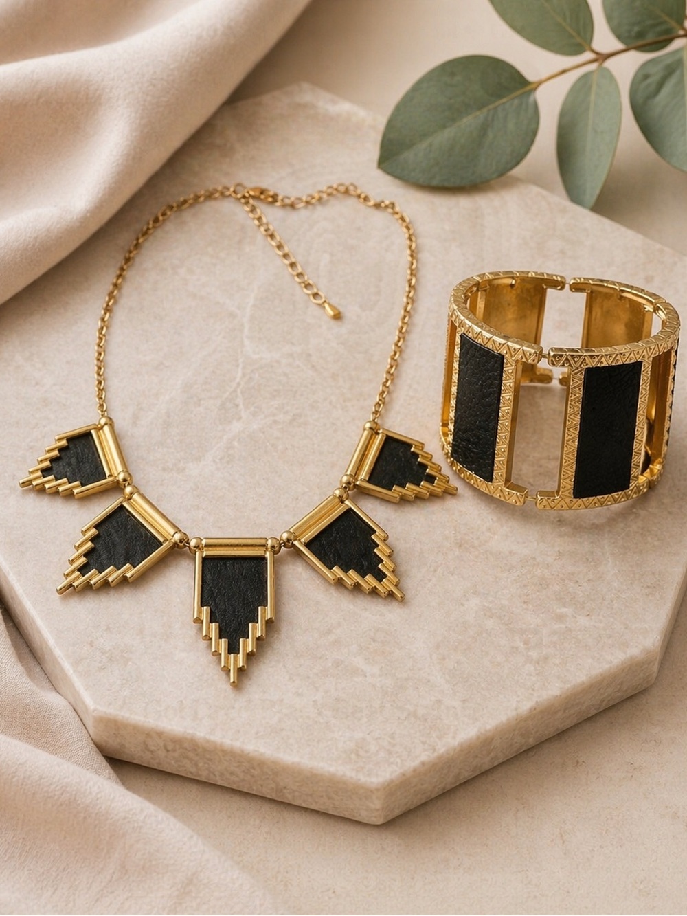 Gold and Black Statement Necklace and Cuff Bracelet Set